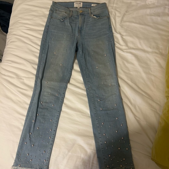 Frame Le High Straight Double Frayed Hem Pearl Jeans - Picture 3 of 5
